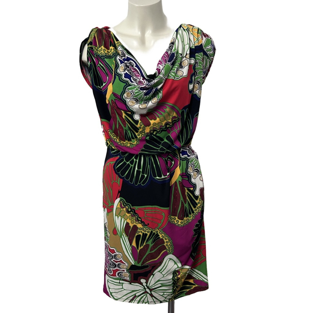 Vintage Alfani Cowl Neck Stretchy Dress, Tropical Multicolored, Size 10